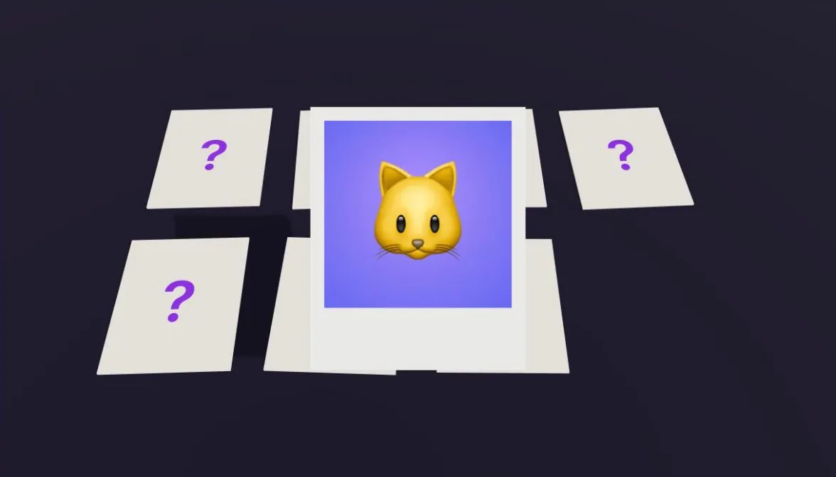 A polaroid of a cat held up above a table of face down polaroid cards marked with question marks