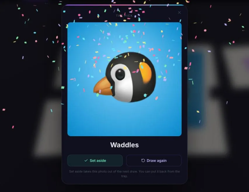 The winning photo, a penguin named Waddles, shown full size with Set aside and Draw again buttons and confetti